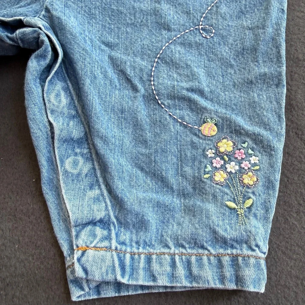 Vintage Carters Baby Girls Blue Denim Embroidered Floral Bumblebee Overalls 9M